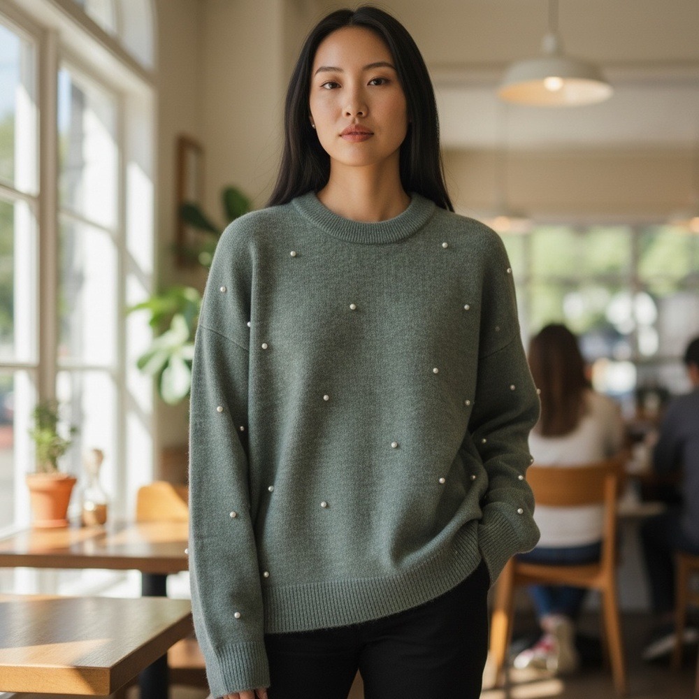 HM Gray Pearl Embellished Wool Blend Knit Sweater‎ XL 1025947 4 - Picture 3 of 8